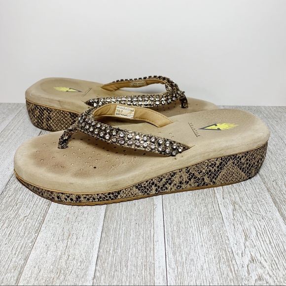 Snakeskin Print Rhinestone Wedges Thong Sandals